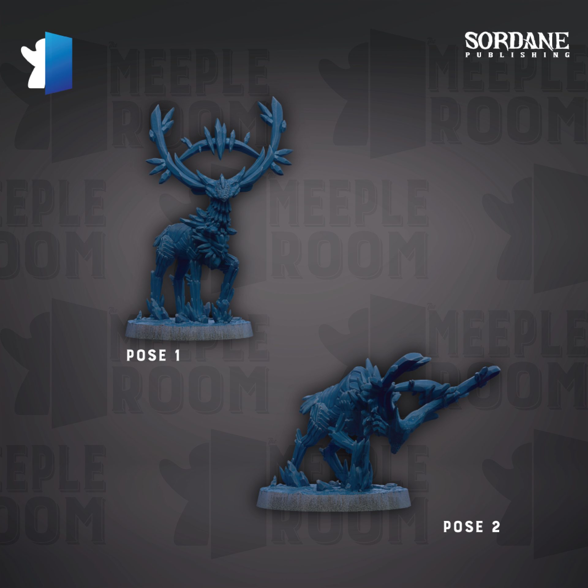 two blue figurines, one standing and one kneeling, against a dark background with repeated text.