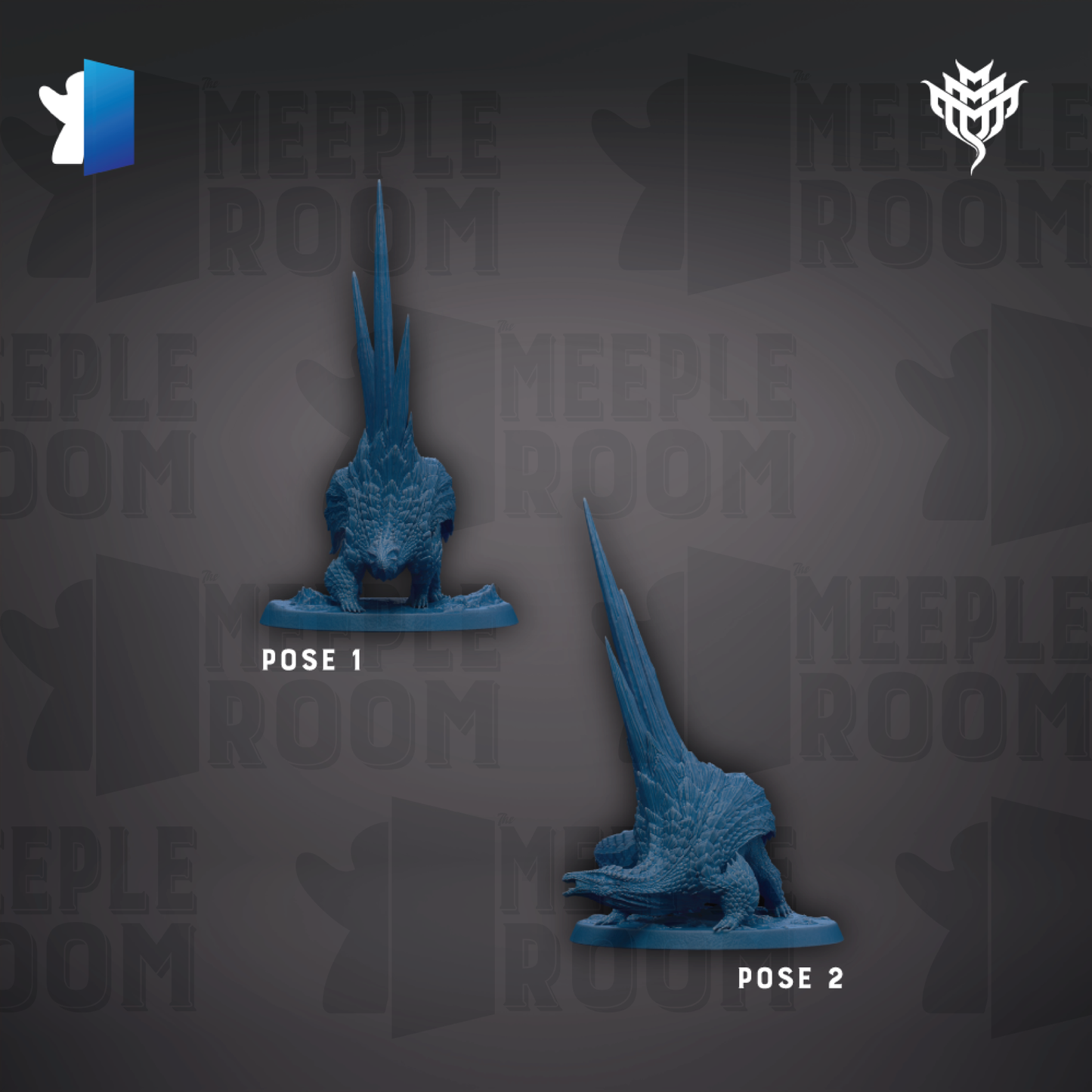 two blue figurines of a creature with long, sharp spikes, each with a different pose.