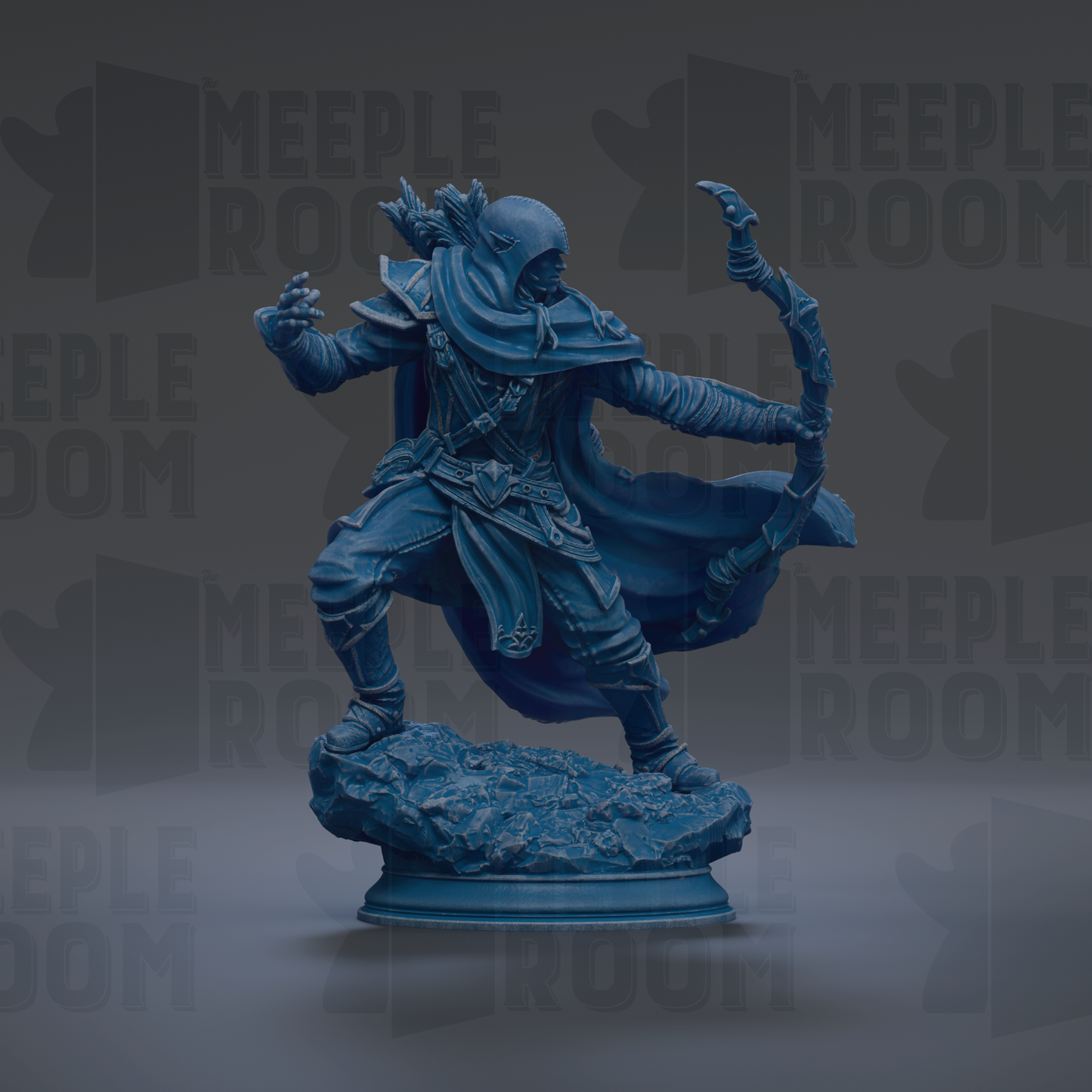 A blue, 3D-rendered statue of a figure holding a bow and arrow, standing on a rock.