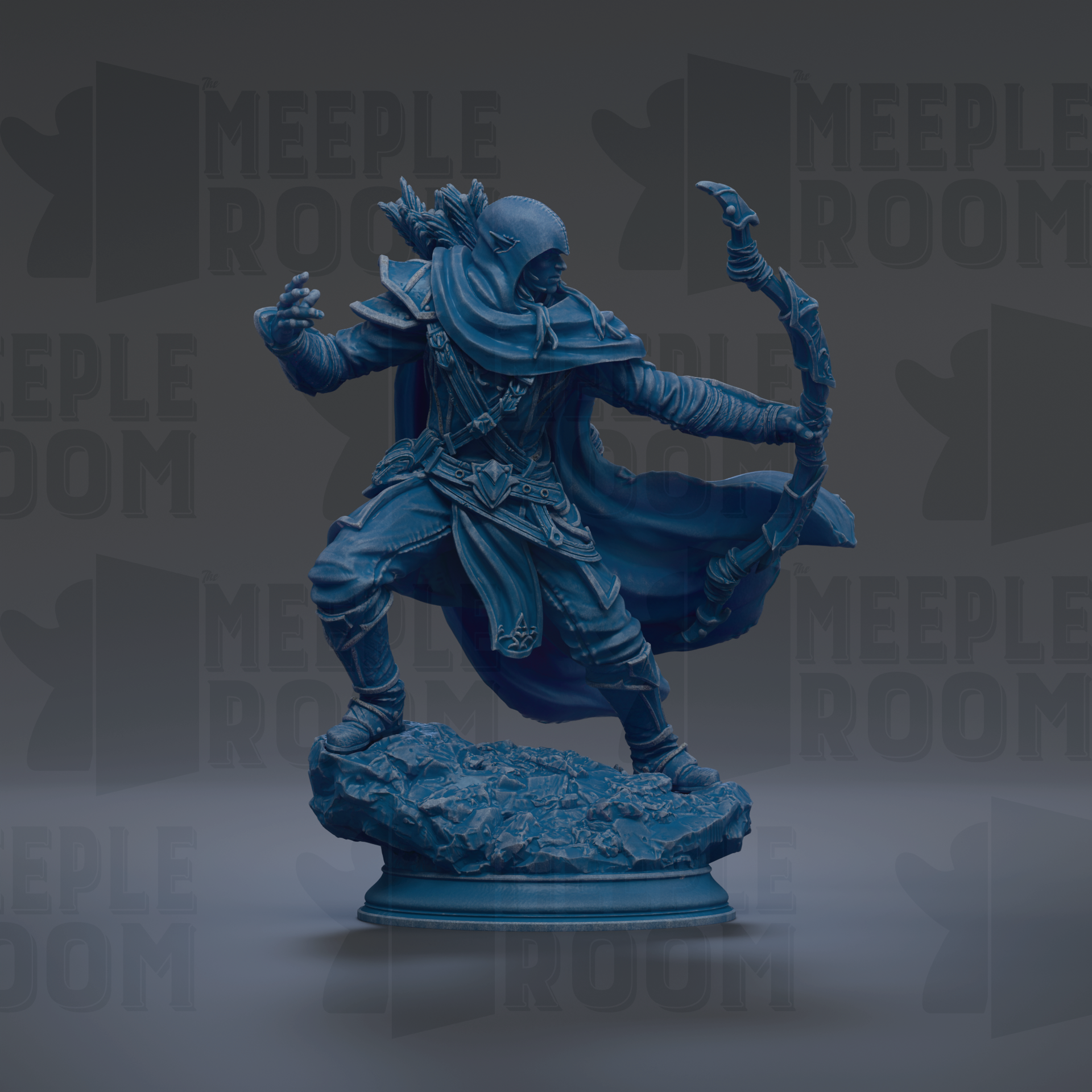 A blue, 3D-rendered statue of a figure holding a bow and arrow, standing on a rock.