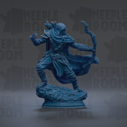 A blue, 3D-rendered statue of a figure holding a bow and arrow, standing on a rock.