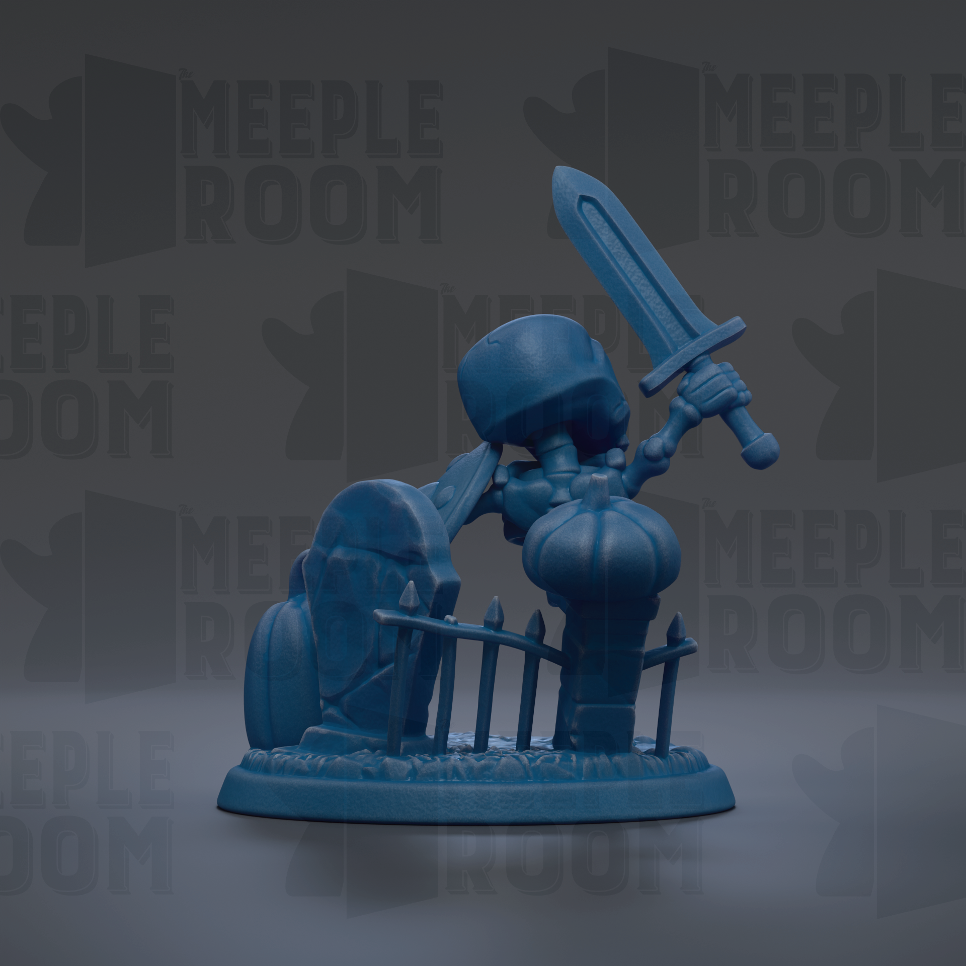 A blue figurine of a character holding a sword and standing on a base, with the text "MEUPLE ROOM" repeated in the background.