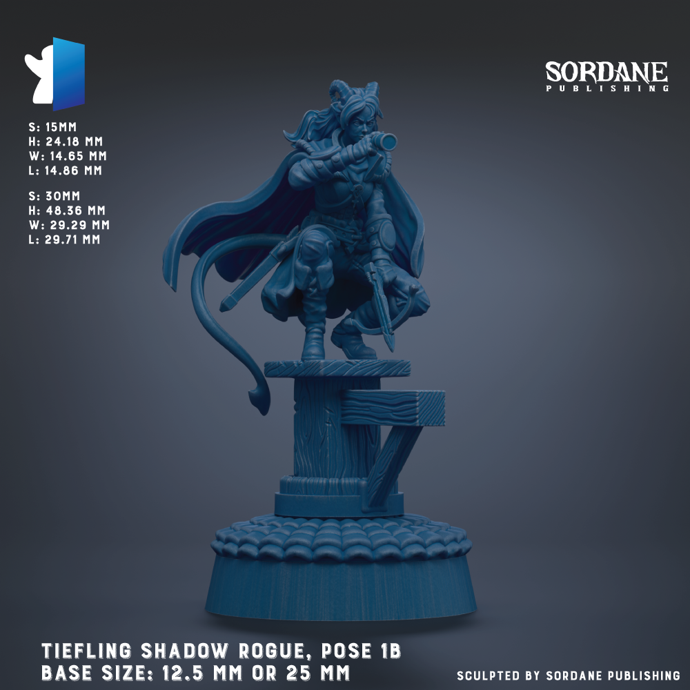 The image is a 3D rendering of a character in a pose, likely a Rogue, with a tiefling shadow effect. The character is standing on a platform and appears to be in a fighting stance. The image is described as a "Tiefling Shadow Rogue, Pose 1B" and is shown in a base size of 12.5 mm or 25 mm. The image is published by Sordane Publishing.