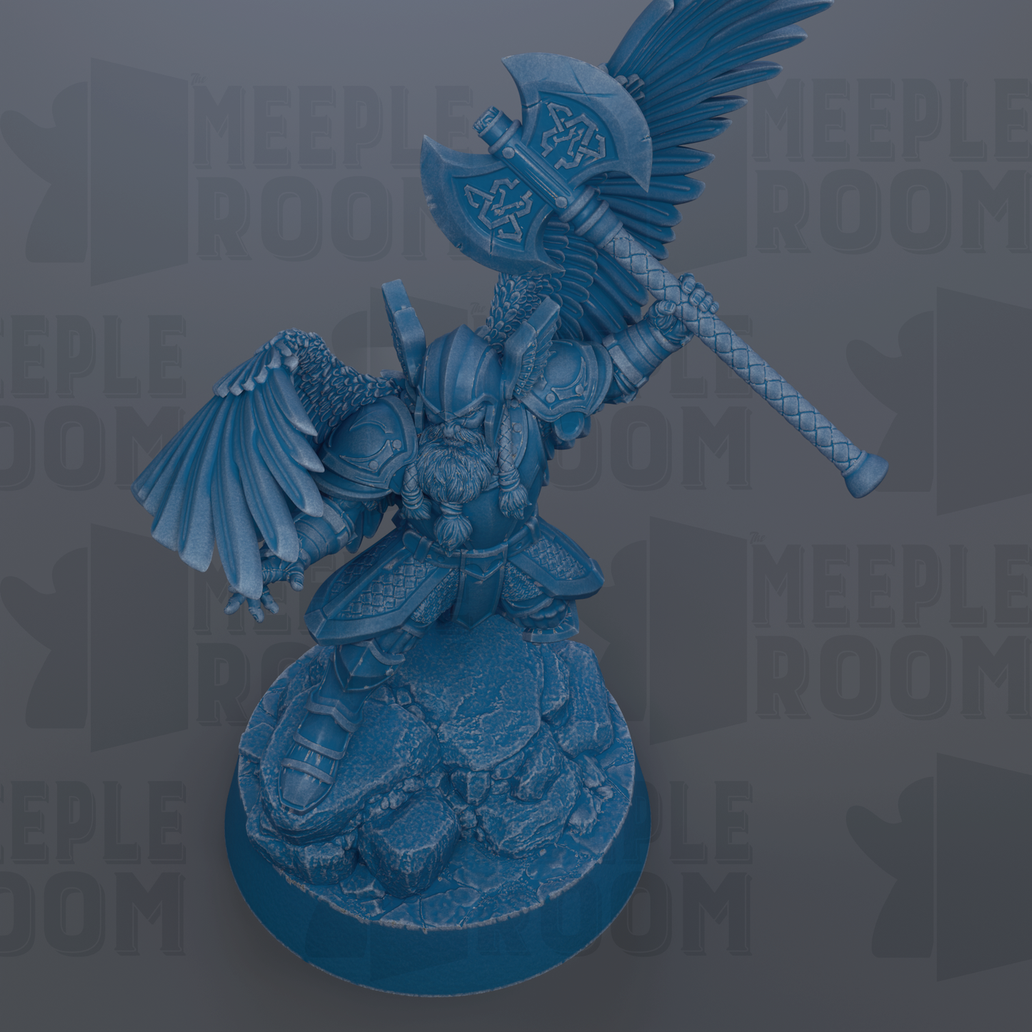 A detailed 3D rendering of a blue-colored warrior figure with wings, holding a large weapon, standing on a rocky base.