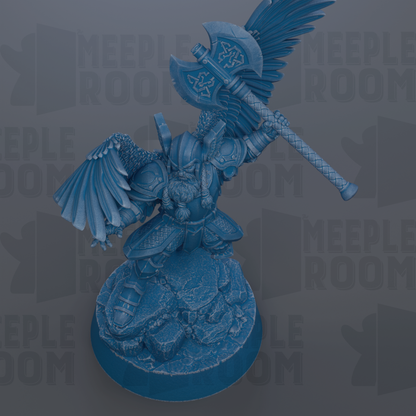 A detailed 3D rendering of a blue-colored warrior figure with wings, holding a large weapon, standing on a rocky base.