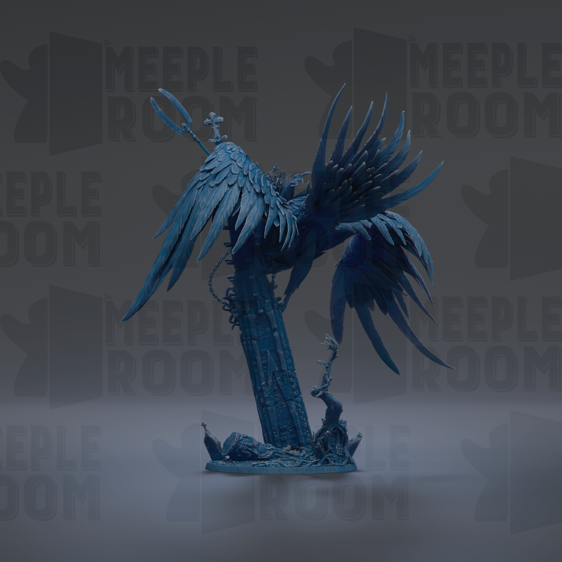 A dark blue, winged sculpture stands on a base, surrounded by a dark background with repeated text.