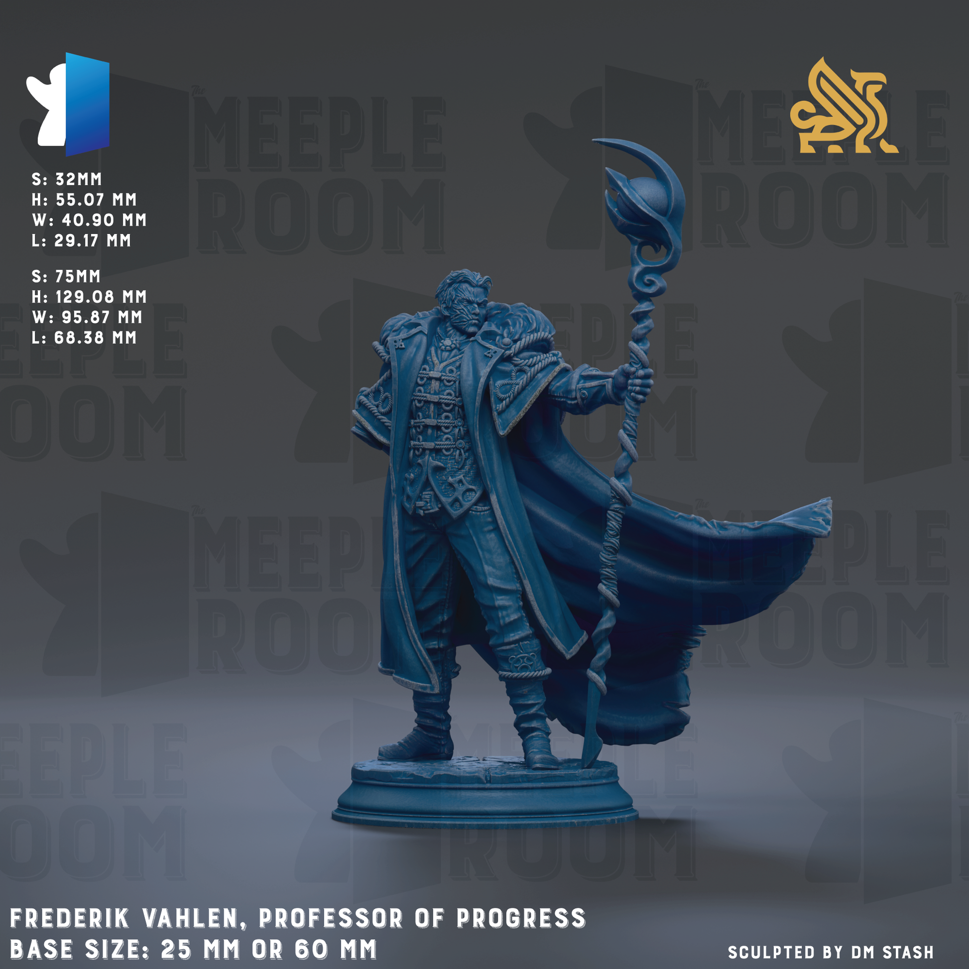The image is a 3D rendering of a statue of a professor of progress, wearing a long robe and holding a staff. The statue is set against a dark background with the text "MEEPLE ROOM" repeated multiple times. The base size of the statue is 25.7 mm or 60 mm. The artist responsible for the statue is Frederick Vahlen, and the sculpture is titled "Progression".