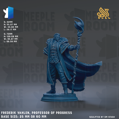 The image is a 3D rendering of a statue of a professor of progress, wearing a long robe and holding a staff. The statue is set against a dark background with the text "MEEPLE ROOM" repeated multiple times. The base size of the statue is 25.7 mm or 60 mm. The artist responsible for the statue is Frederick Vahlen, and the sculpture is titled "Progression".