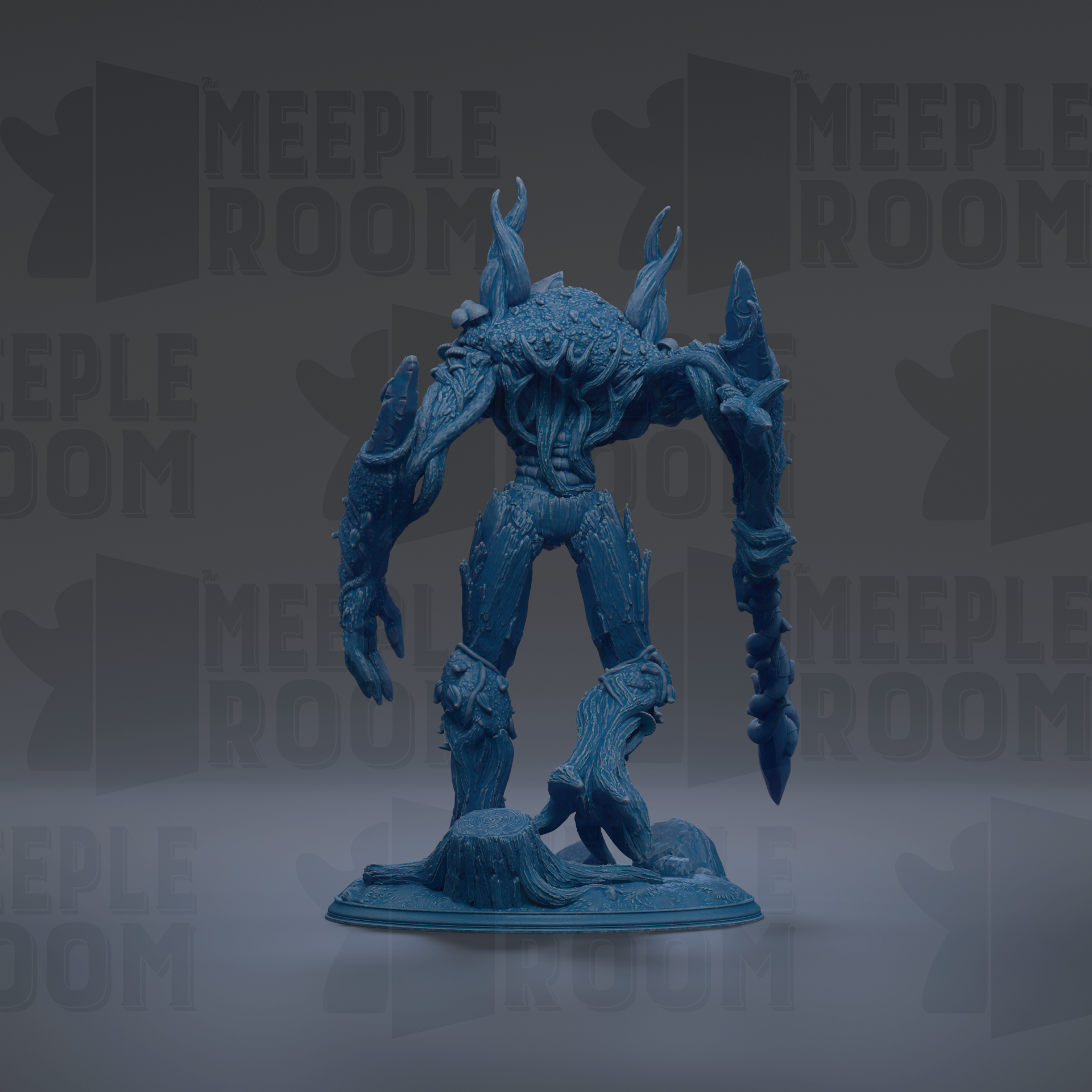 A blue, 3D-rendered figurine of a fantastical creature with intricate, organic-looking features stands on a base against a dark background with repeated text.