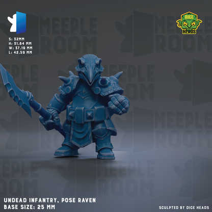 a blue armored knight figure holding a sword, with the text "MEEPLE ROOM" and "UNDEAD INFRANTY, POSE RAVEN" visible.