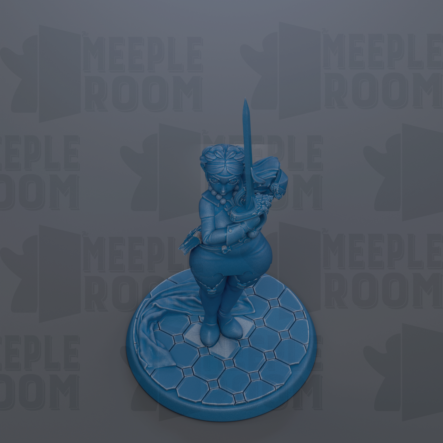 A blue figurine of a person holding a sword stands on a hexagonal base against a gray background with repeated "MEIPLLE ROOM" text.