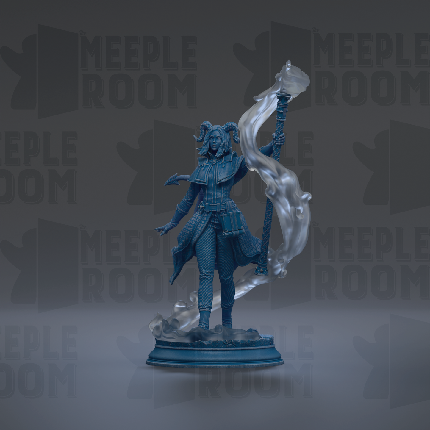 A blue statue of a woman with horns, holding a staff and surrounded by smoke, against a dark background with repeated text.