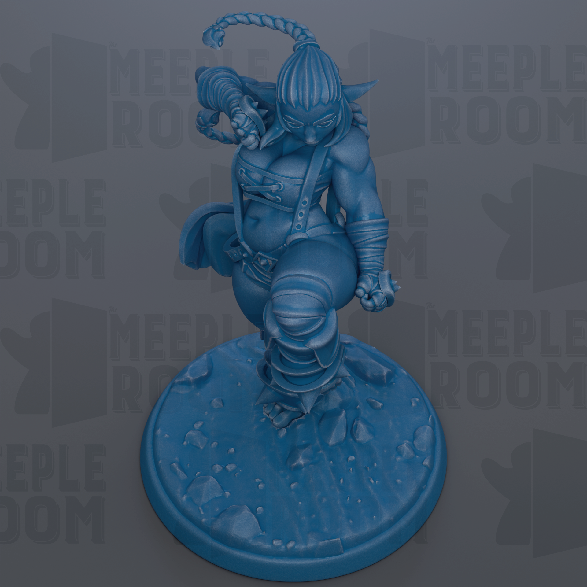 A blue figurine of a muscular, armored character standing on a rocky base.