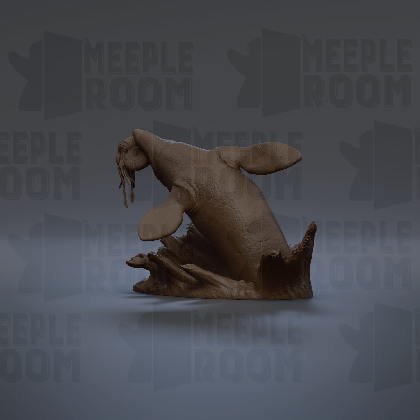 A 3D rendering of a marine animal, possibly a whale or dolphin, with its head and body oriented towards the right side of the image.