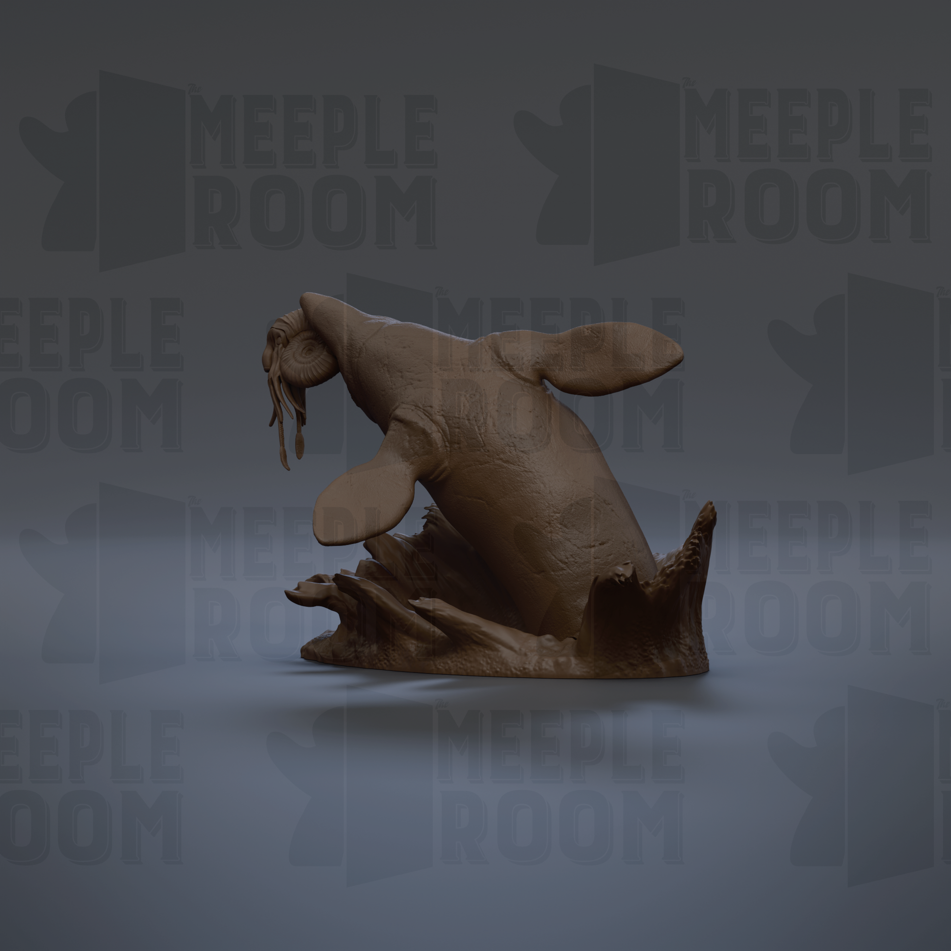 A 3D rendering of a marine animal, possibly a whale or dolphin, with its head and body oriented towards the right side of the image.