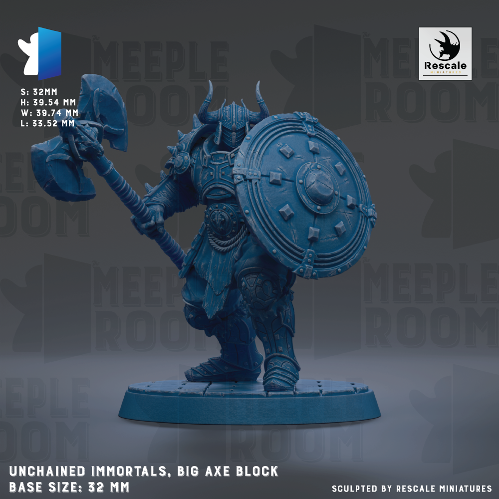 a large, imposing figure of a warrior wielding a big axe and a shield, standing on a base. The figure is described as "unchained immortals, big axe block" and is "base size: 32mm". The image is a collage of multiple images, and the phrase "sculpted by RESCALE MINIATURES" is mentioned at the bottom.