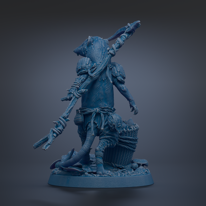A blue, 3D-rendered statue of a fantastical creature with a large head, long tail, and various weapons and armor.