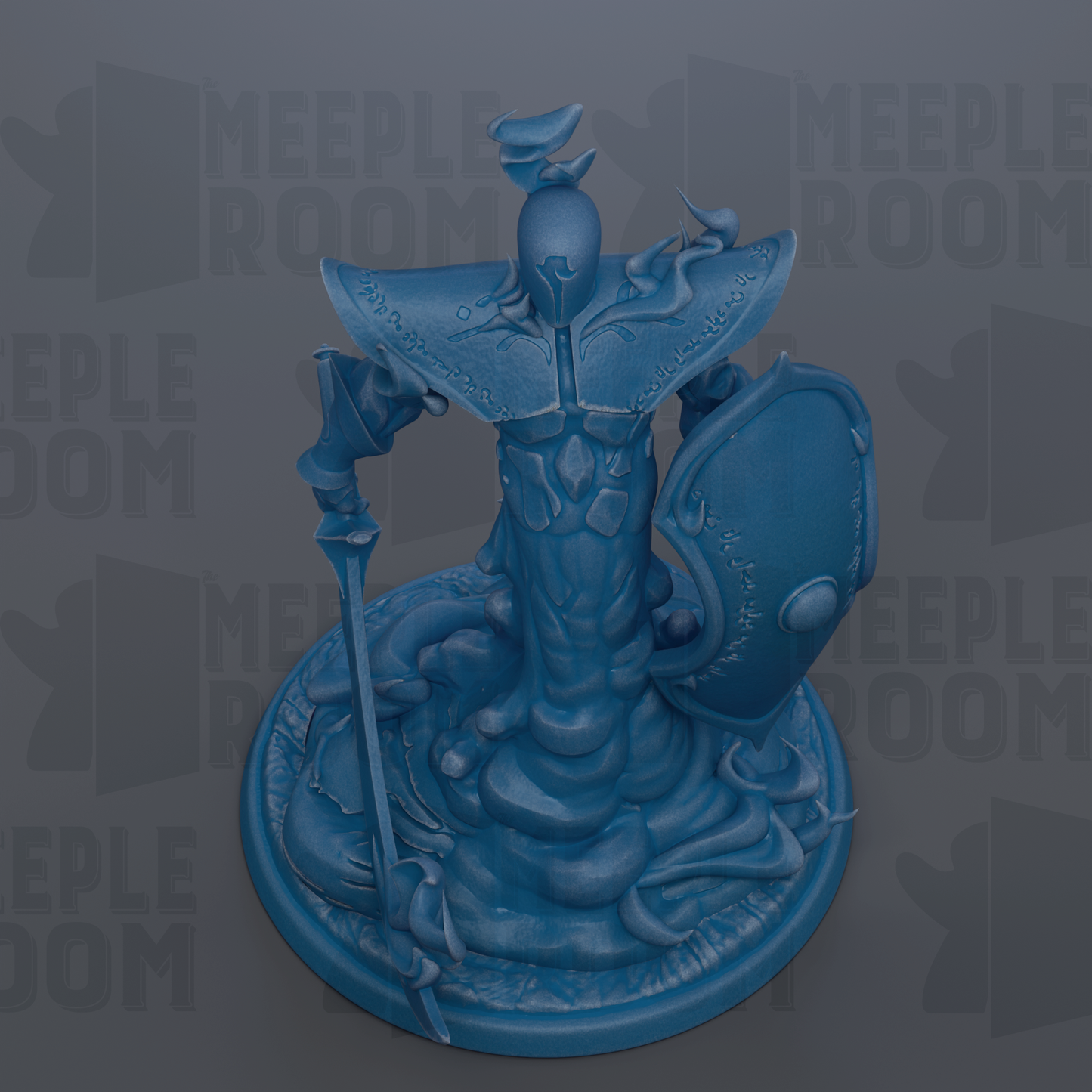 A blue figurine of a fantastical creature, possibly a dragon or serpent, with a shield and a staff, set against a dark background with repeated text.