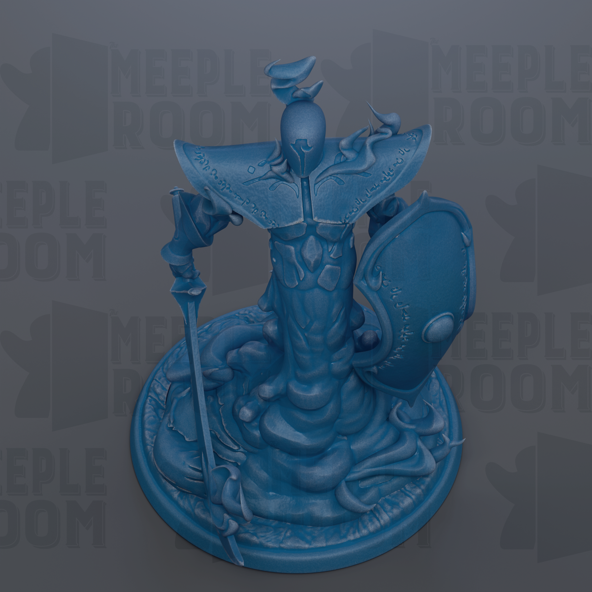 A blue figurine of a fantastical creature, possibly a dragon or serpent, with a shield and a staff, set against a dark background with repeated text.