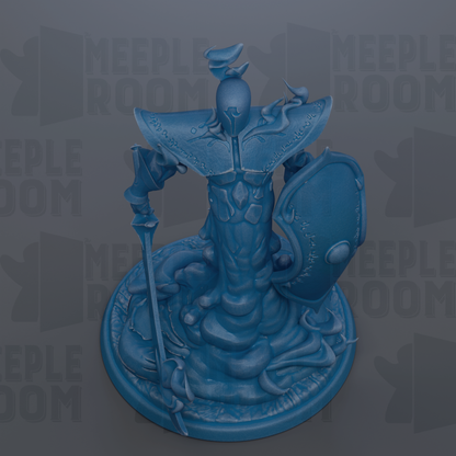 A blue figurine of a fantastical creature, possibly a dragon or serpent, with a shield and a staff, set against a dark background with repeated text.