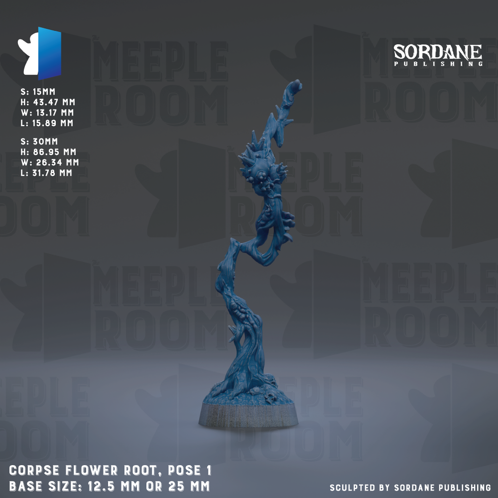 a blue, sculpted flower root pose 1, with a base size of 12.5 mm or 25 mm.