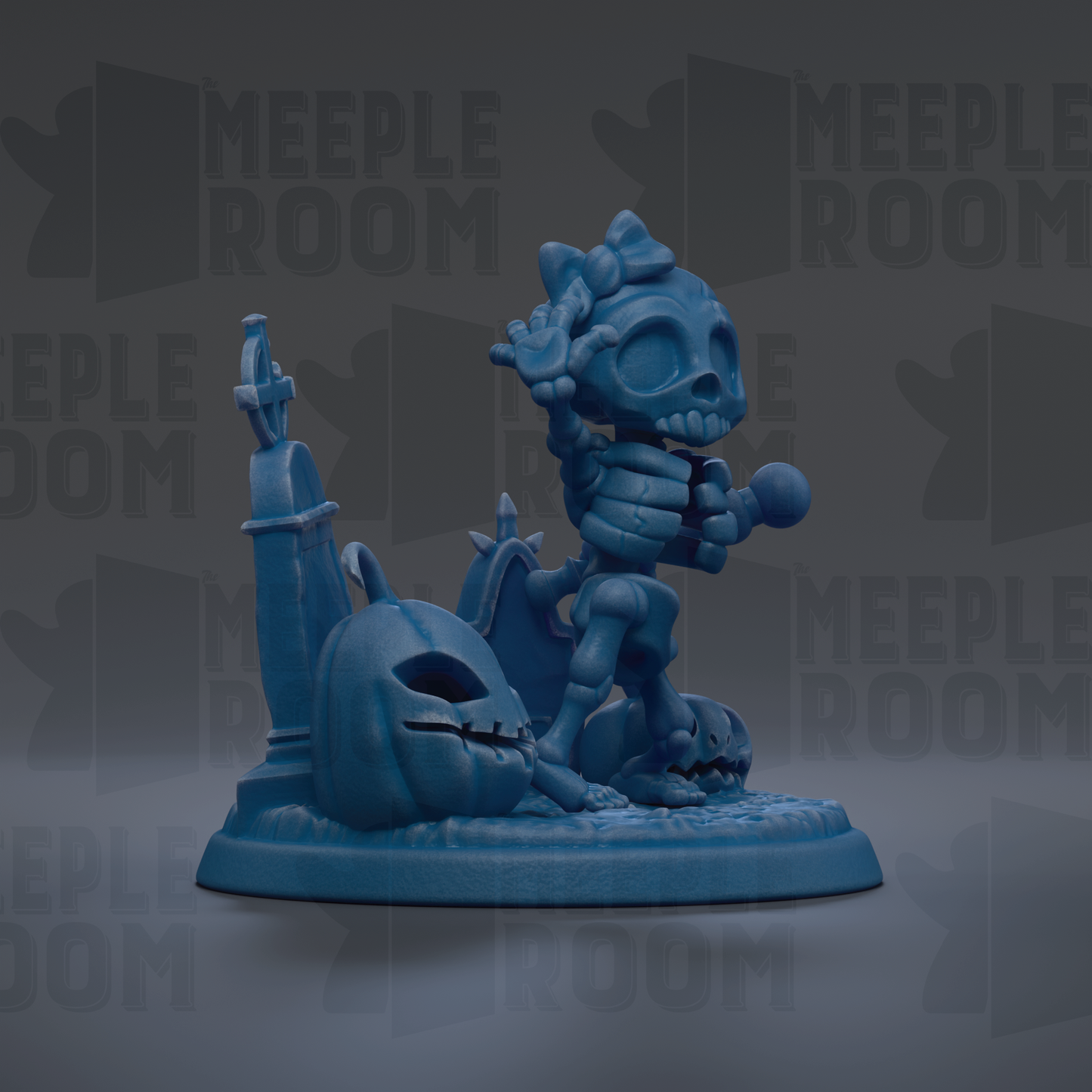 A blue, 3D-rendered skeleton figurine is depicted in a Halloween-themed scene, with a carved pumpkin and other spooky elements.