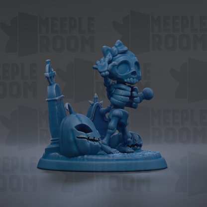 A blue, 3D-rendered skeleton figurine is depicted in a Halloween-themed scene, with a carved pumpkin and other spooky elements.