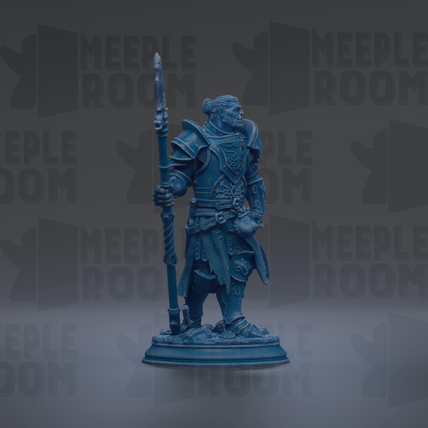 A blue figurine of a knight holding a spear and standing on a pedestal against a dark background with repeated text.