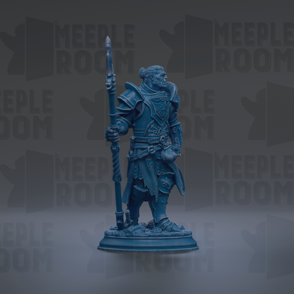 A blue figurine of a knight holding a spear and standing on a pedestal against a dark background with repeated text.