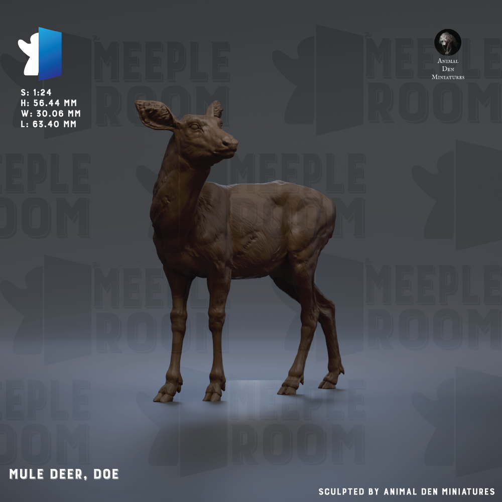 The image is a 3D rendering of a deer statue, specifically a mule deer, displayed against a gray background.