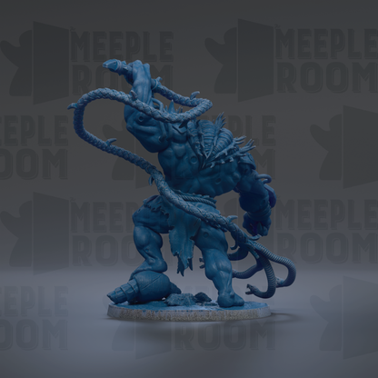 A blue, muscular figurine with a chain around its neck, standing on a gray base.