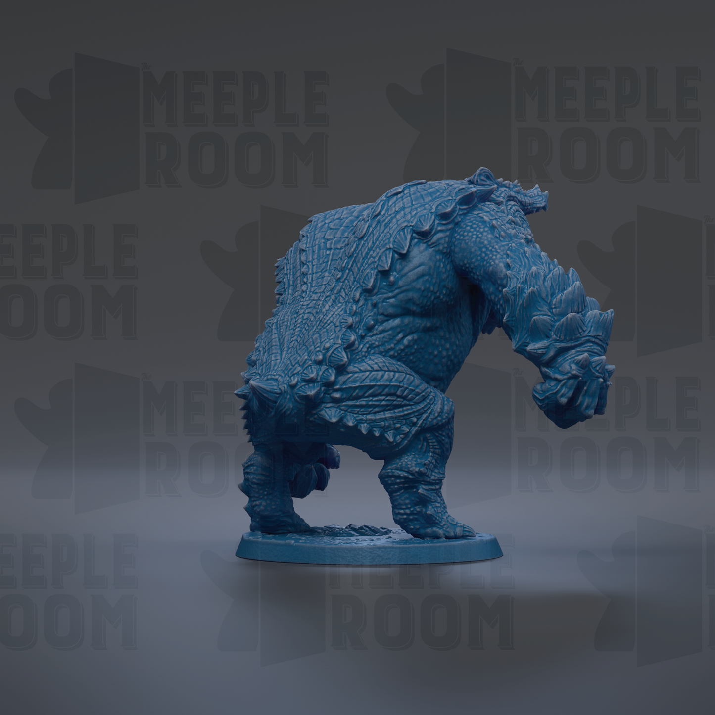A blue figurine of a creature with a long neck and sharp teeth is displayed against a dark background with repeated text.