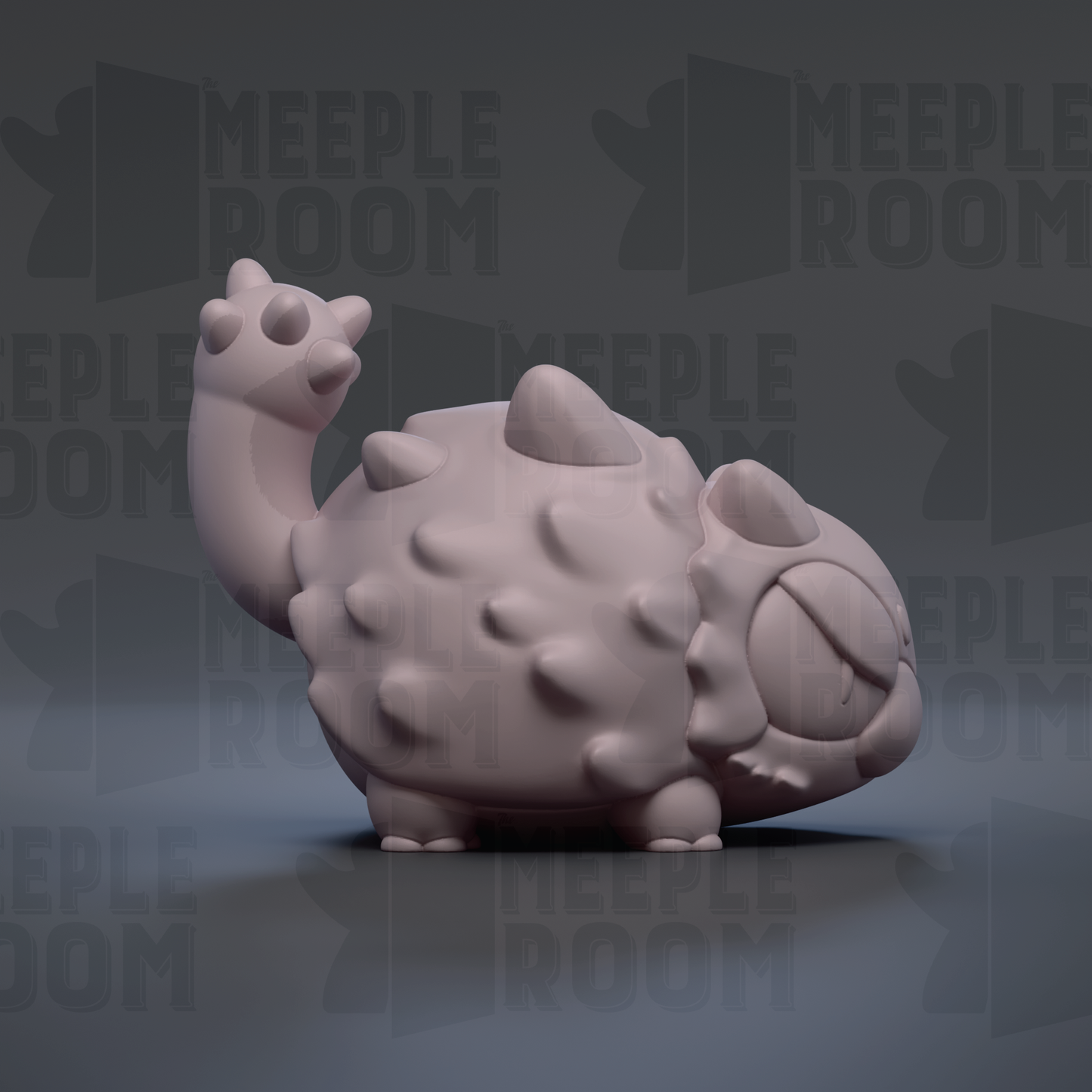 A 3D rendering of a cartoon-like creature with a large head and a long neck, standing on a gray surface against a dark background.