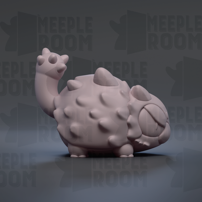 A 3D rendering of a cartoon-like creature with a large head and a long neck, standing on a gray surface against a dark background.