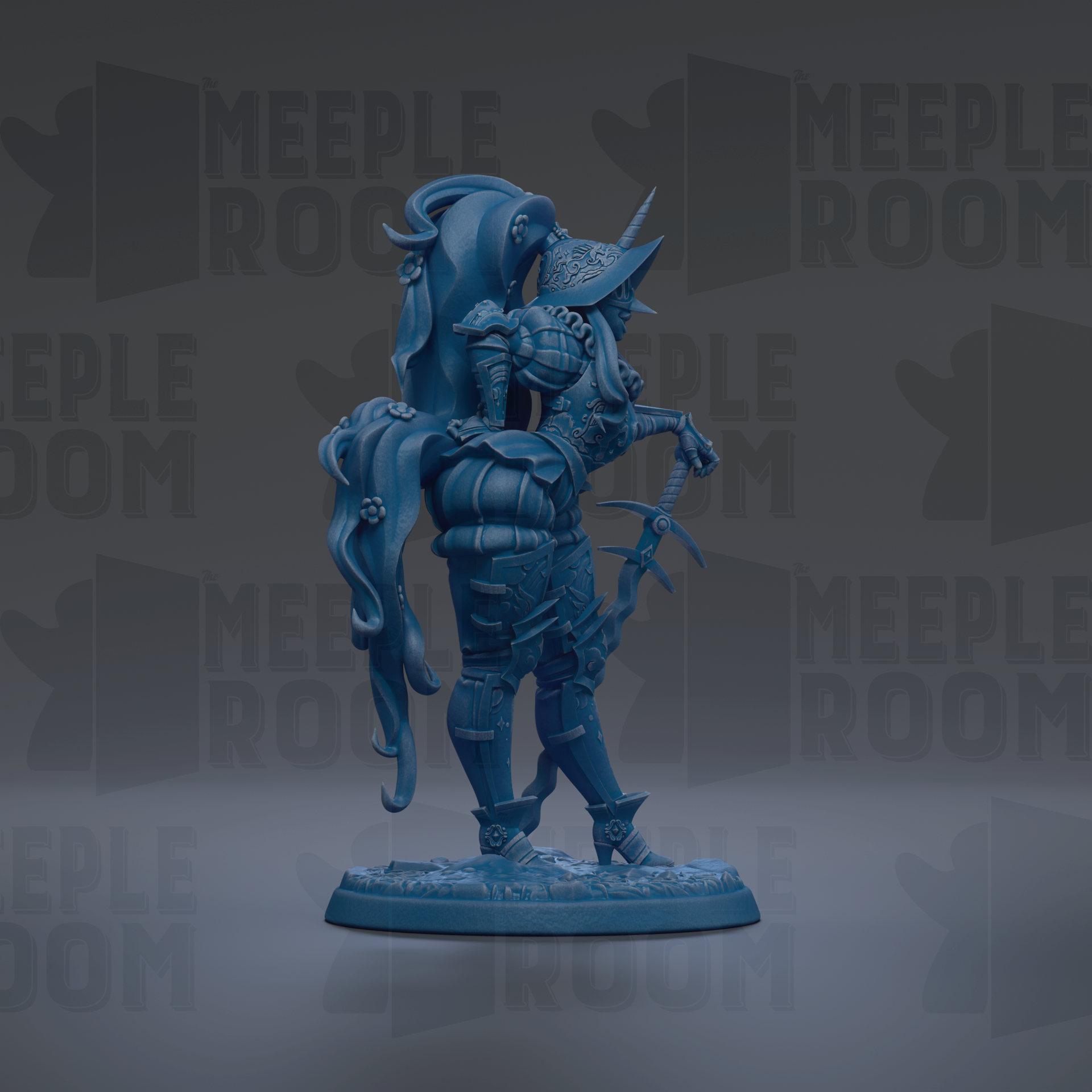 A blue figurine of a warrior standing on a base, with intricate armor and a detailed design.