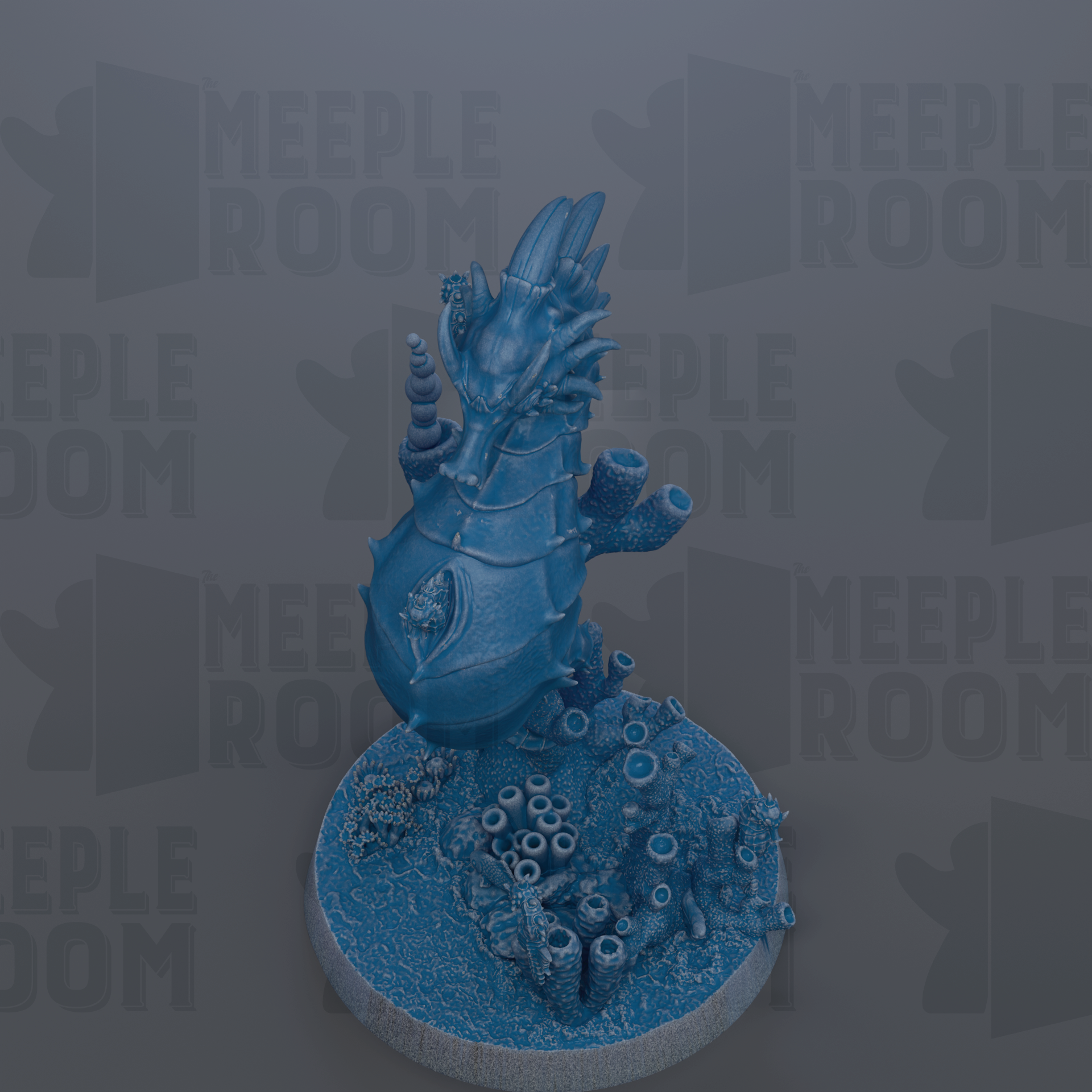 A blue, 3D-rendered dragon figurine is displayed on a circular base, surrounded by various marine elements such as coral and seaweed.