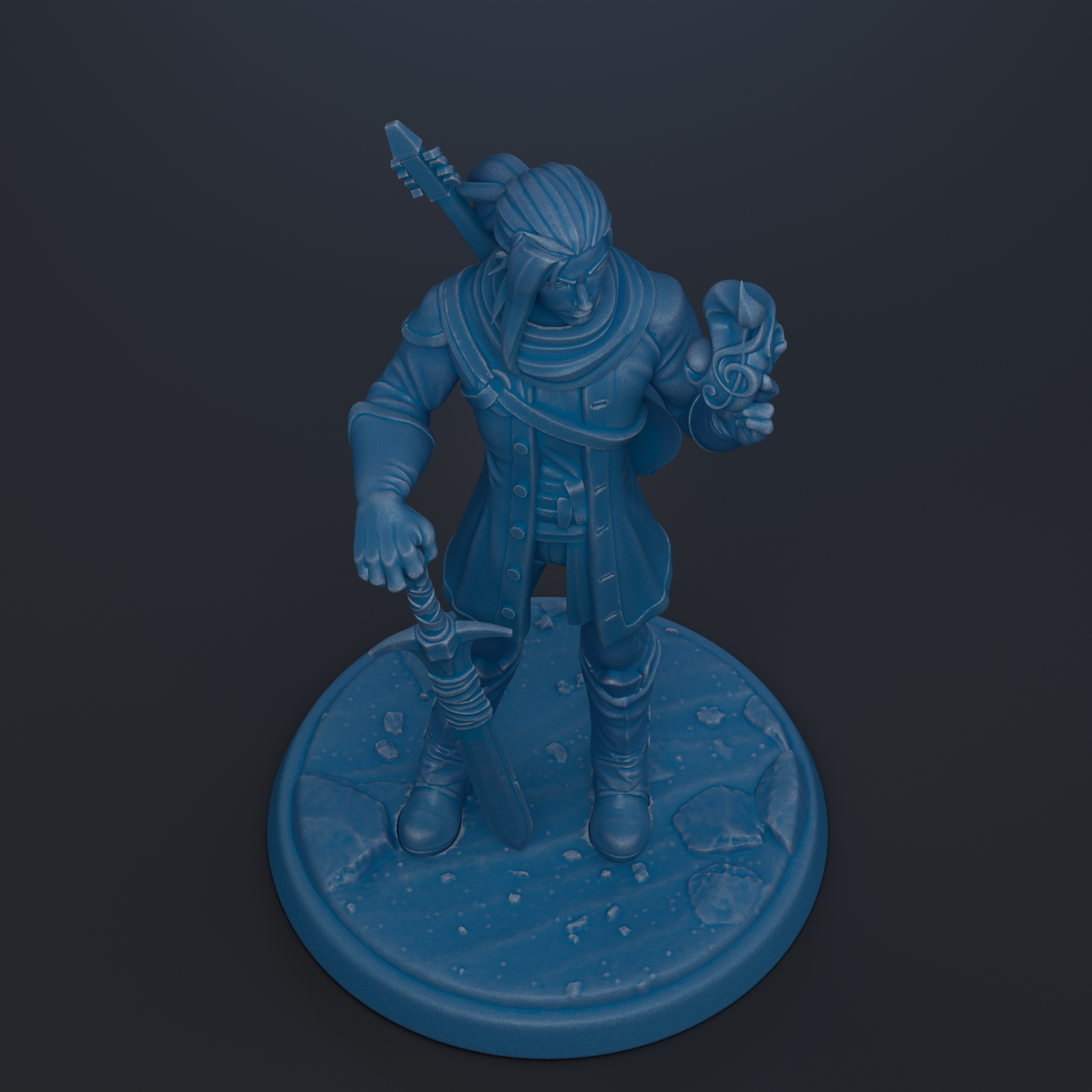 A blue figurine of a person holding a guitar and a small object, standing on a circular base.