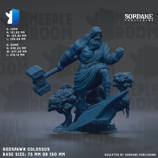 The image is a statue of a large, muscular figure holding a hammer, standing on a rock formation. The statue is described as being 75 mm or 150 mm in size, and it is published by Sordane Publishing.