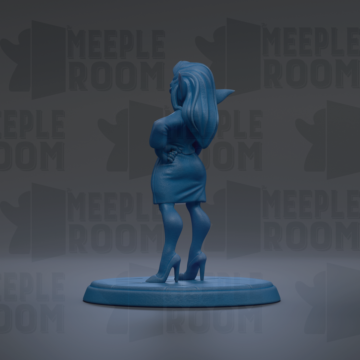 A blue figurine of a woman with long hair and a skirt is standing on a blue base against a gray background with repeated text.
