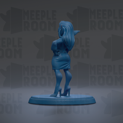 A blue figurine of a woman with long hair and a skirt is standing on a blue base against a gray background with repeated text.