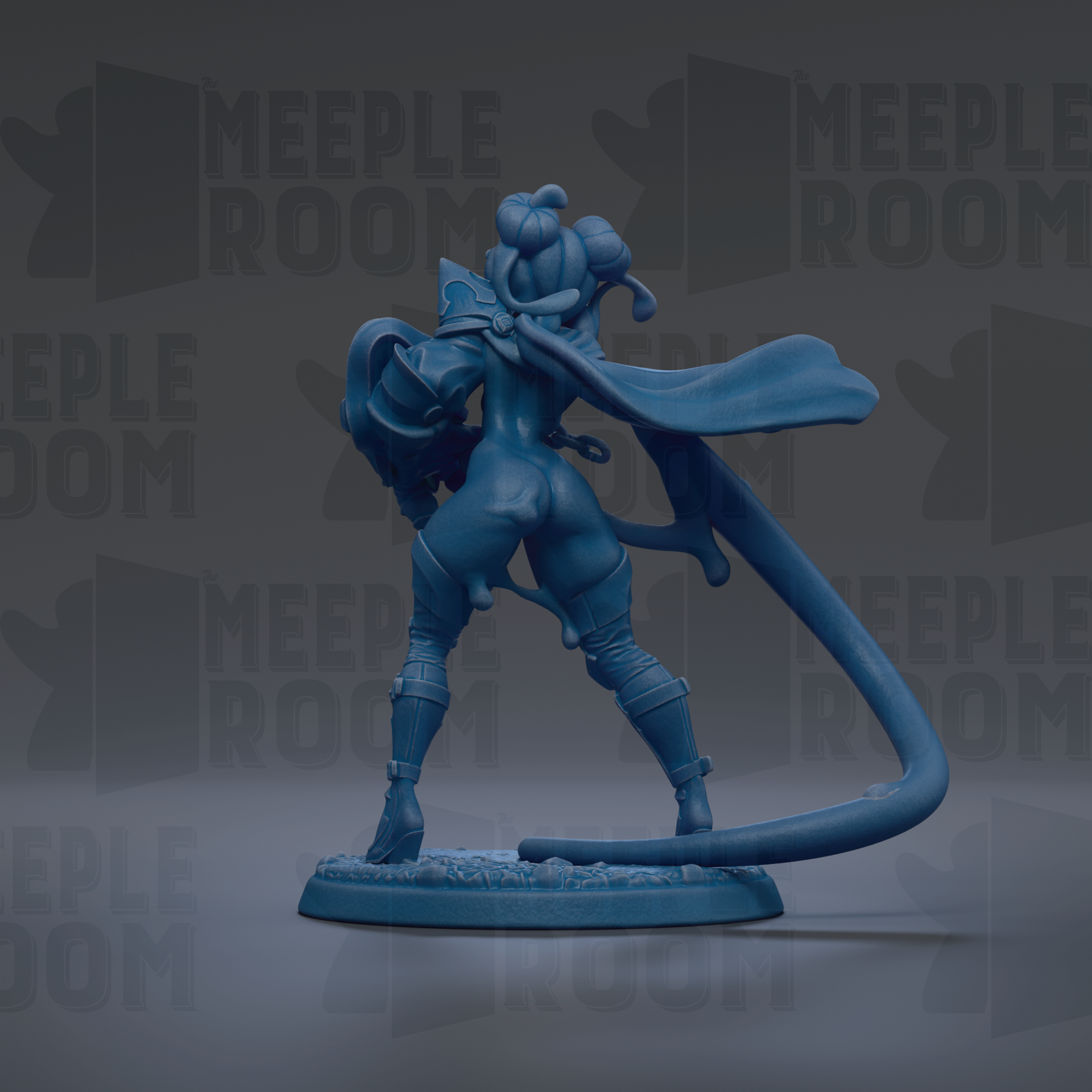 A blue figurine of a female character with a flowing cape, standing on a base and facing away from the camera.