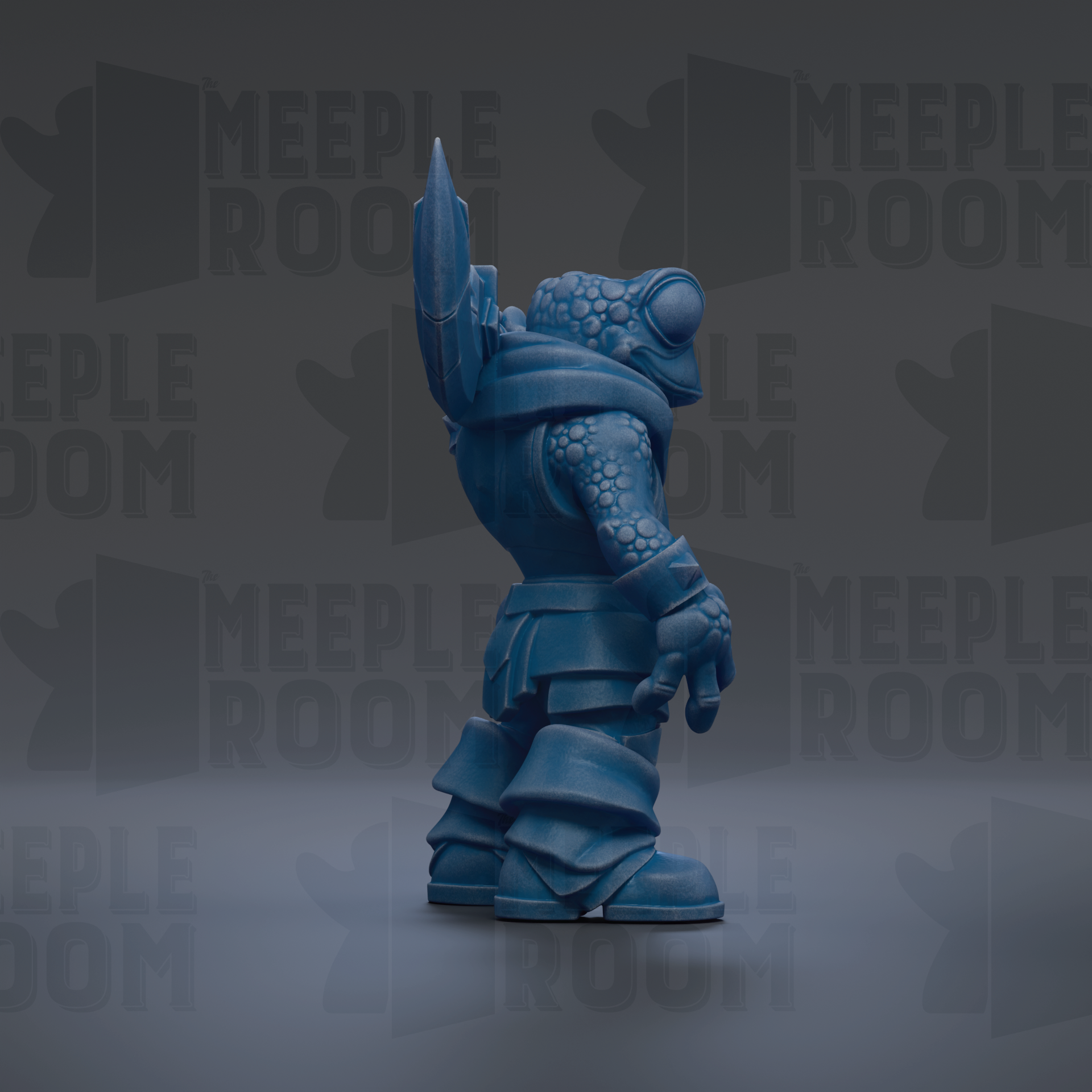 A blue, 3D-rendered character with a pointed head and a backpack stands against a dark background with repeated text.