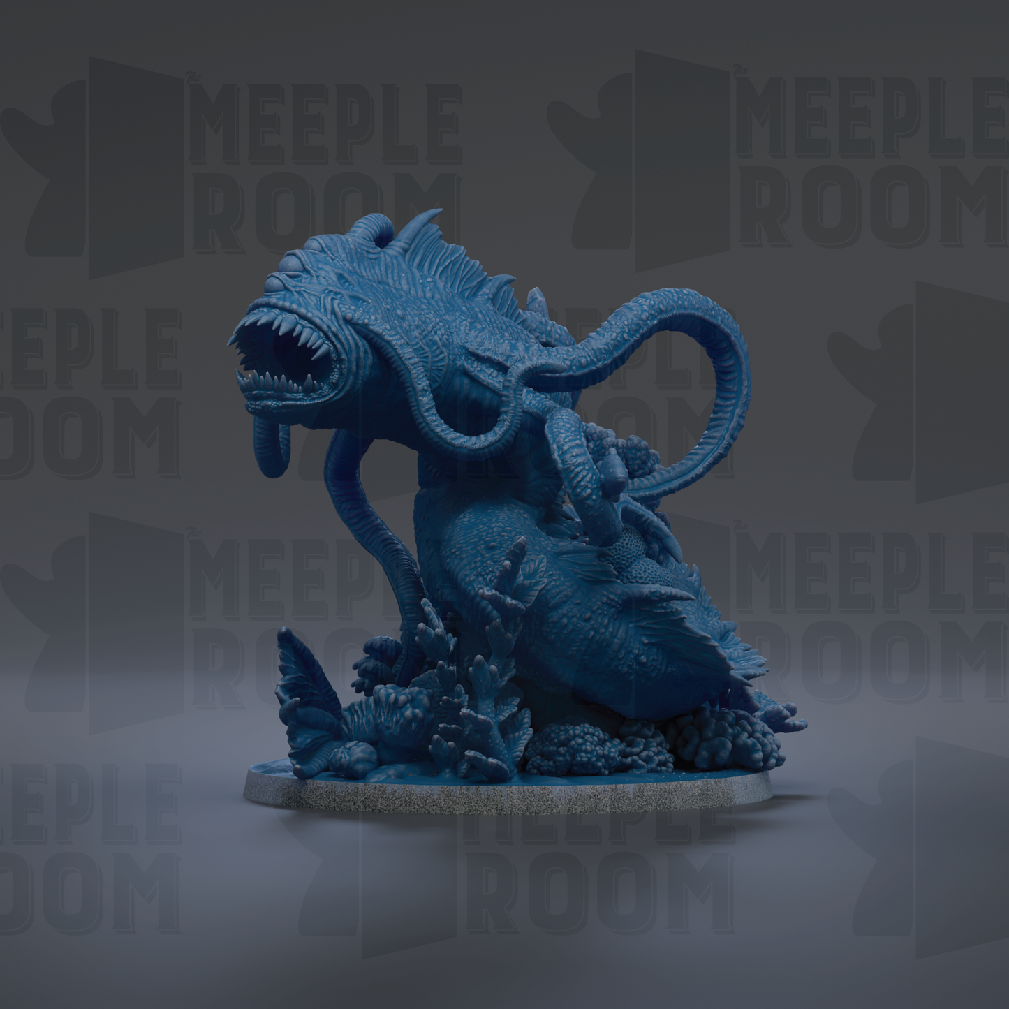 A large, blue, monster-like creature with sharp teeth and claws is depicted in the center of the image, surrounded by various other objects.