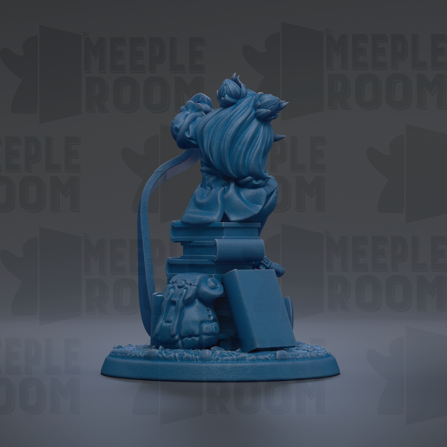 A blue figurine of a person holding a book, standing on a base with a small animal figure, against a dark background with repeated text.