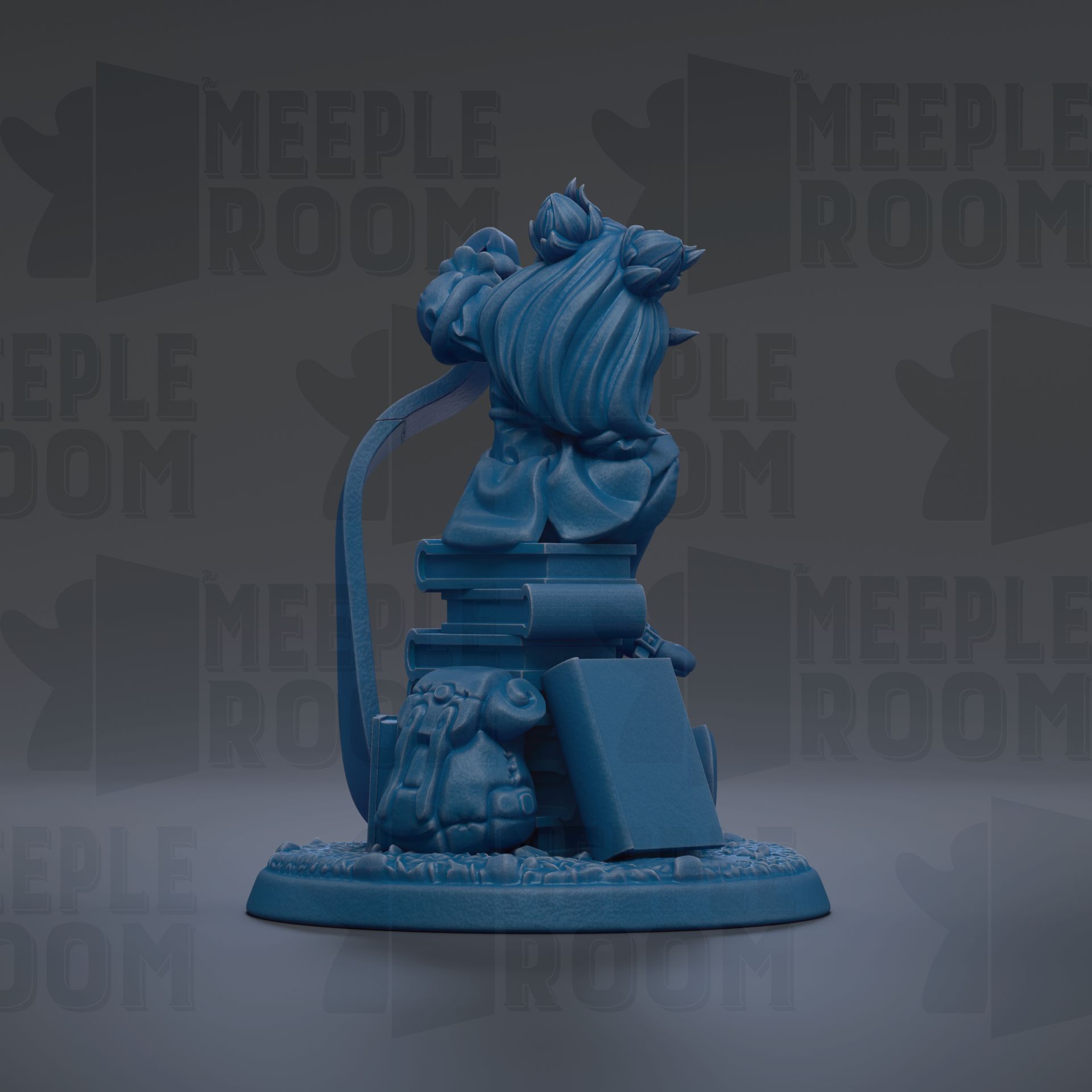 A blue figurine of a person holding a book, standing on a base with a small animal figure, against a dark background with repeated text.