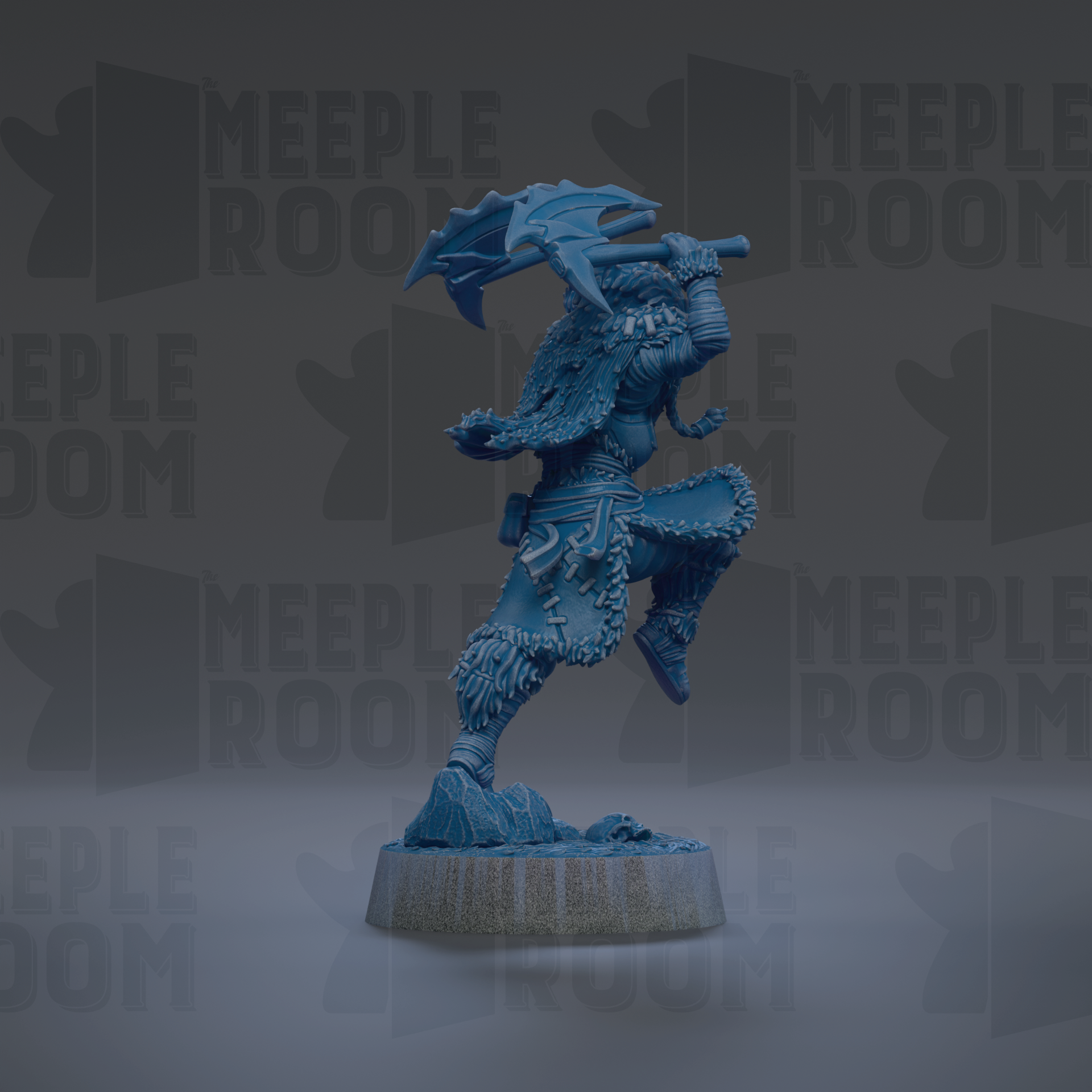 A blue figurine of a warrior-like character with a sword and shield stands on a pedestal against a dark background with repeated text.