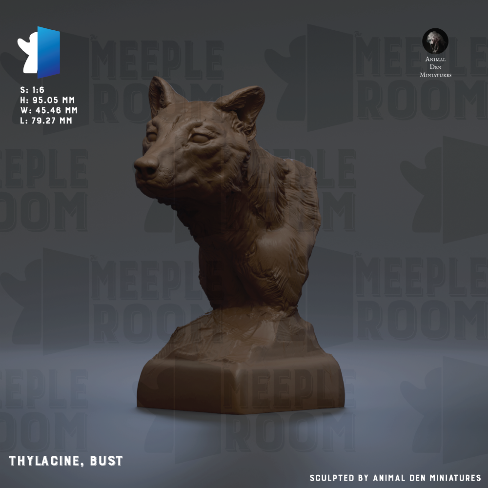 The image is a 3D model of a bust of a wolf, specifically a thylacine, with the text "THYLCIN, BUST" and "S. 1/6 H: 85.06 MM W: 75.23 MM L: 79.27 MM" visible.