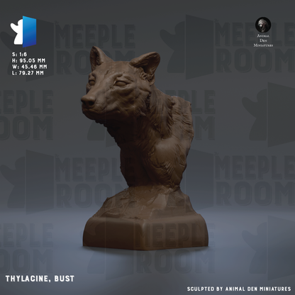 The image is a 3D model of a bust of a wolf, specifically a thylacine, with the text "THYLCIN, BUST" and "S. 1/6 H: 85.06 MM W: 75.23 MM L: 79.27 MM" visible.