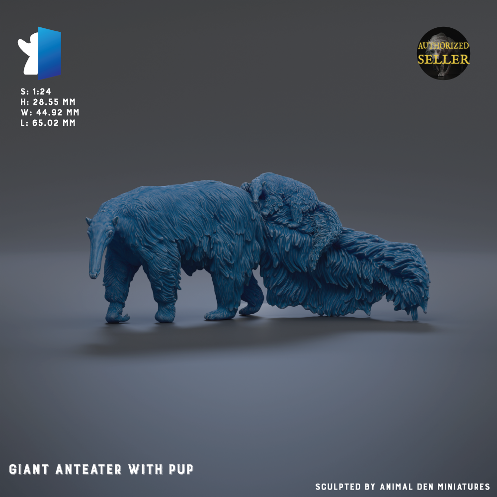 a large blue ant eater with a puppy, with the puppy being the main focus of the image.