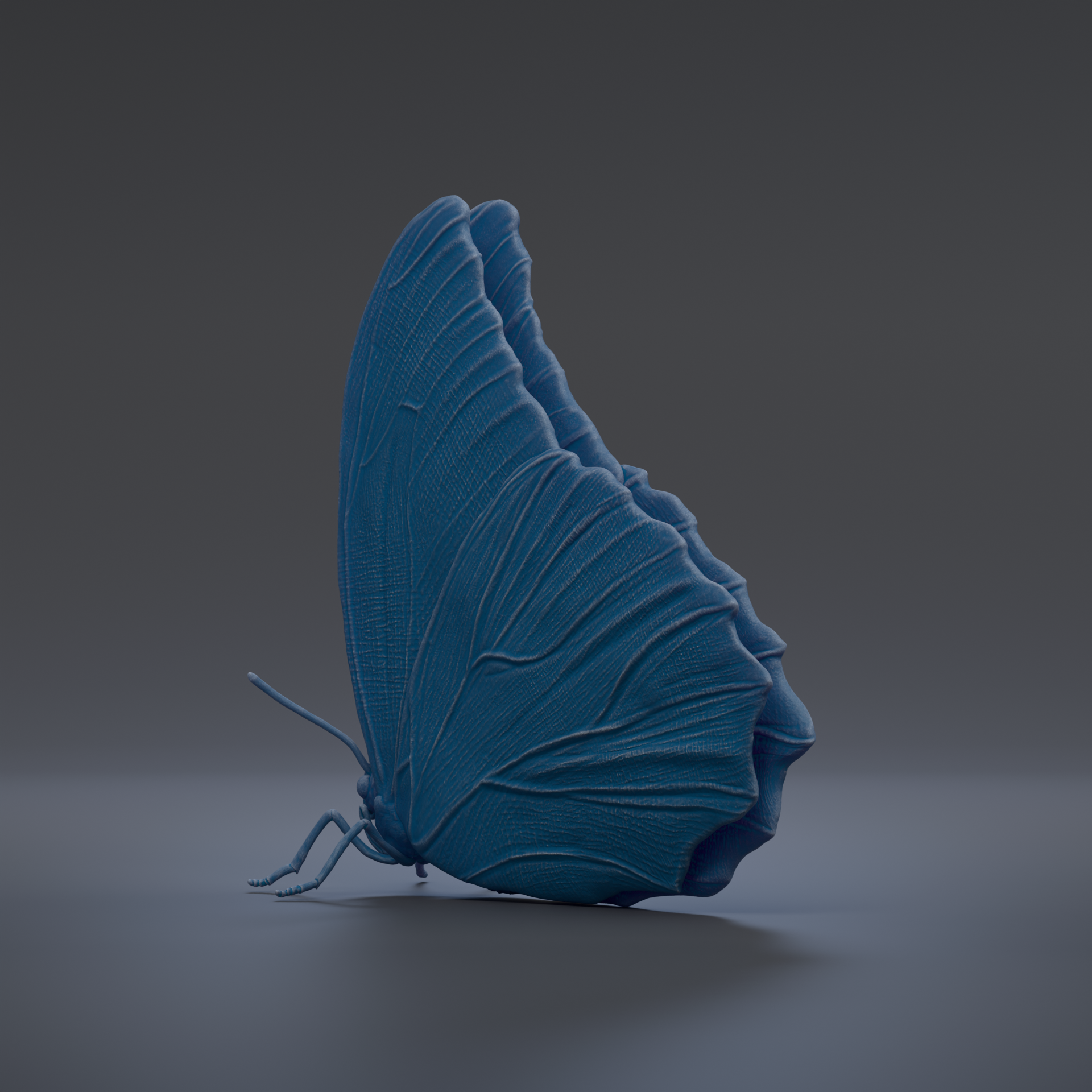 A 3D rendering of a blue butterfly with its wings spread, set against a dark background.
